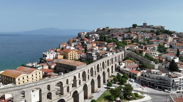 Aerial view of old town, castle and aqueduct in Kavala, Greece, Europe