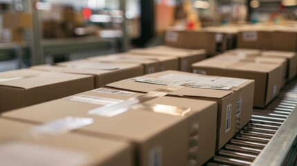 Conveyor Belt with Packed Boxes for Shipping Automation
