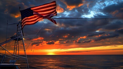An American flag flying from a tall mast on a fishing boat, with a dramatic sunset over the ocean.
