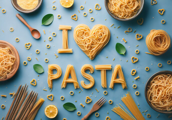 Fototapeta premium Banner auf hellblauem Hintergrund mit der Aufschrift in Nudeln 