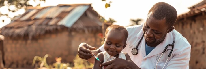 National Immunization Awareness Month. Immunization and vaccination for polio, flu shot, influenza prevention. A doctor in a African hospital gives a boy an injection