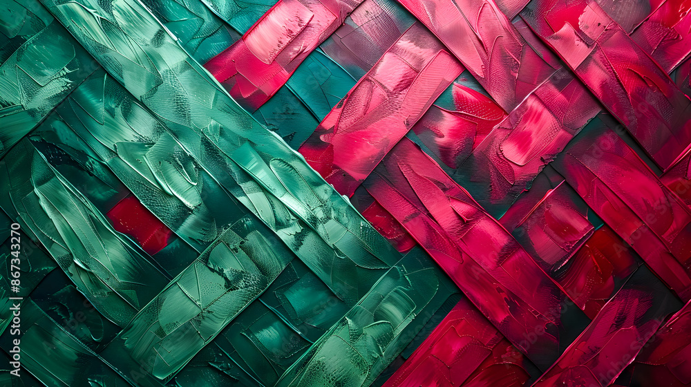 Poster vibrant geometric binary pattern with interweaving crimson and emerald hues