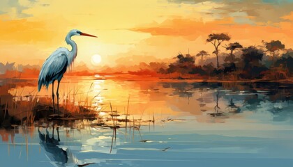 Naklejka premium egrets hunting in marsh background flat design side view serene landscape theme water color Complementary Color Scheme