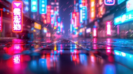 Fototapeta premium Cyberpunk street market, neon signs, augmented reality overlays