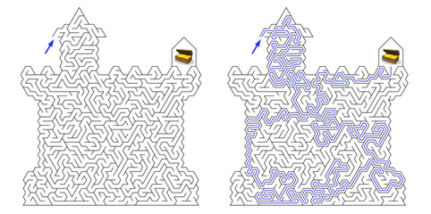 Brick castle labyrinth. Maze inside fortress with towers. Medium difficulty vector puzzle with goal to find a chest with golden coins. Riddle with solution - red passing route. 
