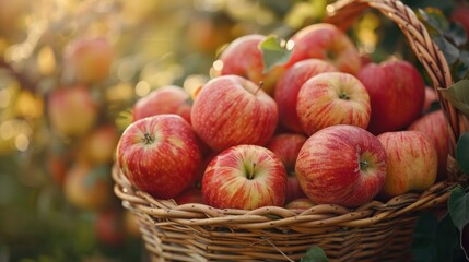 Ripe Red Apples in a Wicker Basket with Soft Sunlight in an Orchard.