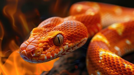 Fototapeta premium Striking orange snake in front of fire backdrop