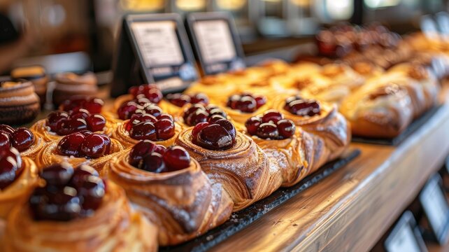 Display of fresh, assorted pastries, prominently featuring cherry-topped danishes