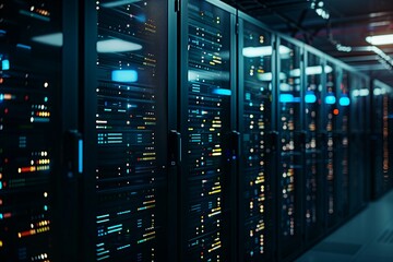 Modern data technology center server racks in dark room with visual effects visualization concept of internet of things data flow digitalization of internet traffic complex electrical equipment
