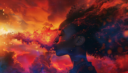Vibrant Portrait of a Young Person with Dark Skin and Natural Hair Blowing a Stream of Cosmic Fire and Particles into the Luminous Night Sky, Creating a Mesmerizing Display of Red and Orange Hues