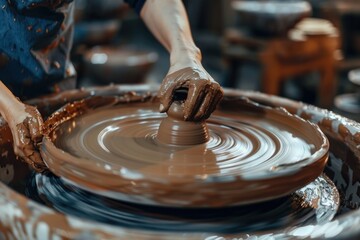 Fototapeta premium Japanese potter throwing clay on a wheel for online sales, traditional workshop, calm and focused, with pottery tools and clay