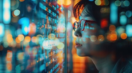 A business professional's profile overlaid with images of bustling stock exchanges and financial news, the double exposure effect emphasizing the continuous flow of information and the need for