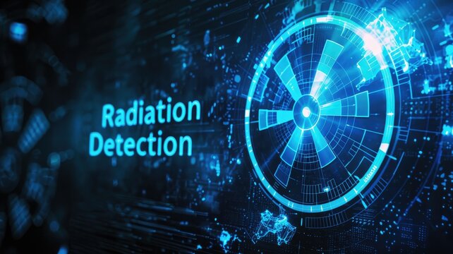 Futuristic graphic showcasing radiation detection technology, with glowing blue radar display