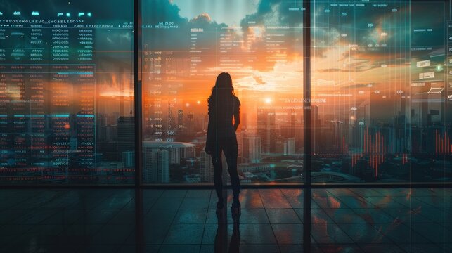 A businesswoman stands at a large window overlooking a city, her silhouette merging with data charts and economic indicators, the double exposure effect creating a striking visual metaphor for the