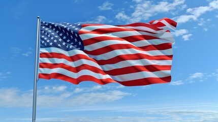 An artistic capture of the American flag, its colors popping vividly against the simplicity of a clear, blue sky.