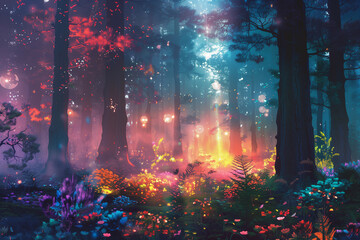 Fototapeta premium Mystical Forest with Luminous Flowers and Enchanting Lights