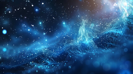 Abstract digital artwork of dynamic blue particles with glowing elements and dark background. Shiny glowing glitter with blue wallpaper. Digital design of bright night sky with bright star.