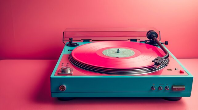 A pink turntable with a blue record on it.