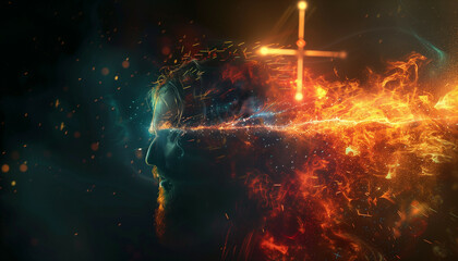 The image features a dramatic and ethereal depiction of a bearded man's profile with fiery and cosmic elements merging in a celestial explosion