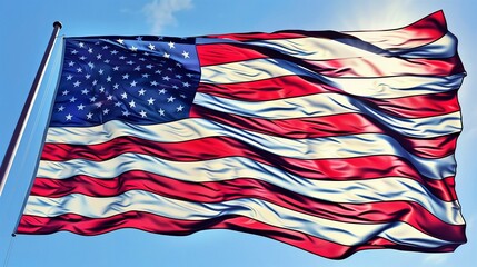Obraz premium An artistic shot of the American flag, its fabric rippling in the breeze, set against an expanse of clear, blue sky.