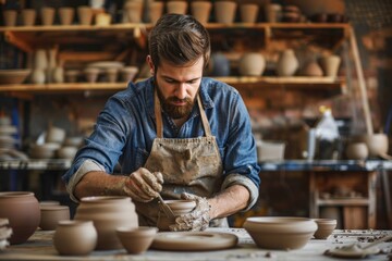 European-American potter crafting ceramics for an online store, artisanal workshop, calm and focused, with pottery tools and clay