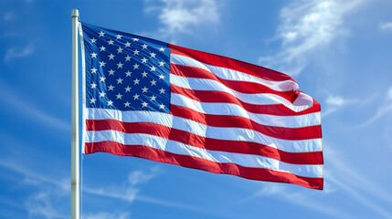 Obraz premium The American flag captured elegantly in the breeze, with a brilliant blue sky highlighting its beauty and importance.