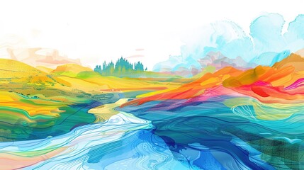 Serene Watercolor Abstractions: Vibrant Natural Landscapes and Flowing Waters in Abstract Sketches