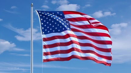 Obraz premium The American flag flying high, its colors vivid and striking, with a flawless blue sky enhancing its beauty and symbolism.