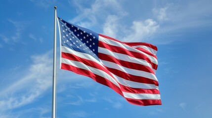 Obraz premium The American flag flying high, its colors vivid and striking, with a flawless blue sky enhancing its beauty and symbolism.
