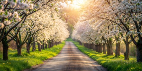 Springtime Country Lane Blur: A peaceful country lane bordered by spring blossoms and fresh greenery, captured in a soft blur.	
