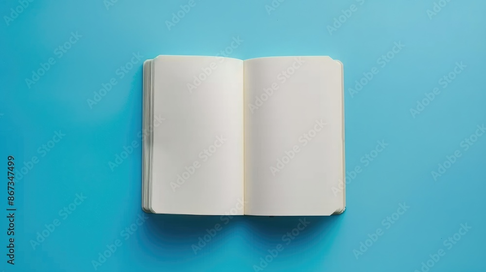 Poster top view of open notebook on blue background for customization represents business office or educati