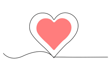 Heart and love sign in continuous one line drawing. Thin flourish and romantic symbol in simple linear style, One continuous drawing of two hearts and love signs. Thin curls and romantic symbols 