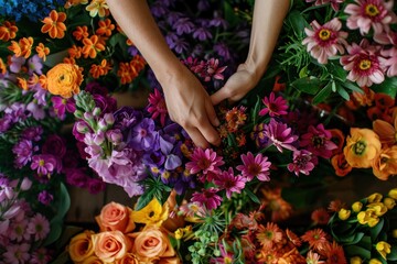 Close-up of European hands arranging floral bouquets for online sales, vibrant colors and meticulous detail