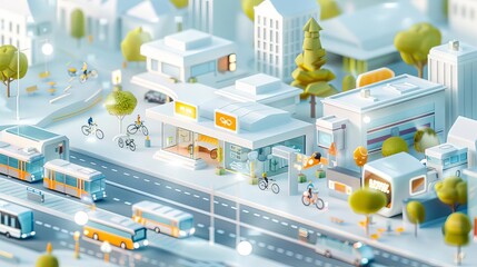 Obraz premium An advanced urban environment showcasing smart mobility hubs with bikesharing stations, electric buses, and digital signage, highly detailed, photorealistic