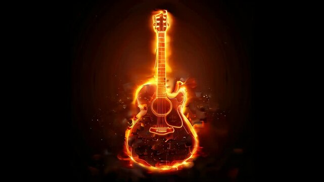 Burning flaming guitar outlines on black, unusual creative background for music and advertising design	