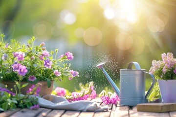 Sunny background with flower pots, watering can, water sprinkler in summer garden