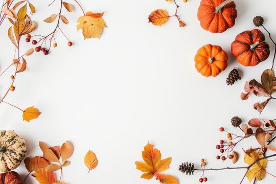 Thanksgiving background decoration, fall leaves, berries and pumpkins on a white background