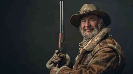 Fototapeta premium Studio shot of a mature hunter aiming with a rifle isolated on black background