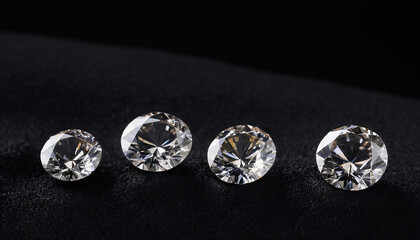 Close up shot of four round cut diamonds of varying sizes on a black velvet background