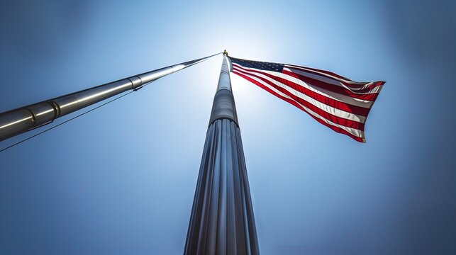 The American flag seen from below, with the flagpole reaching up into a cloudless, azure sky, emphasizing its height and majesty. - Powered by Adobe