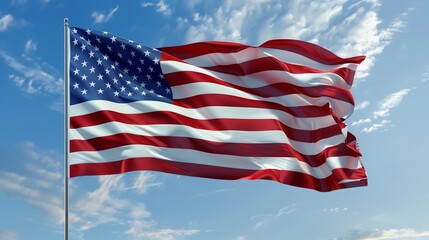The American flag soaring high, its fabric catching the wind perfectly, set against a flawless blue sky.