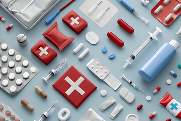 Medical background with pills and syringes. 3d illustration. first aid day concept,