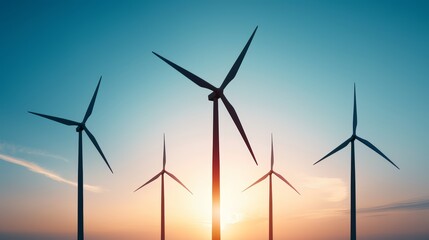 Fototapeta premium Wind farm at sunset, the sky painted in shades of blue and cyan, turbines silhouetted against the colorful sky, symbolizing the future of sustainable energy through wind power generation