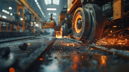 Brake discs machined in a factory visible polishing wheel Like sparks flying off 