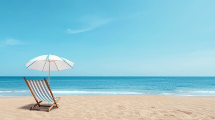 Stylish chaise lounge and a striped umbrella on a sun-kissed sandy beach, gentle waves lapping at the shore, idyllic scene for a serene beach getaway
