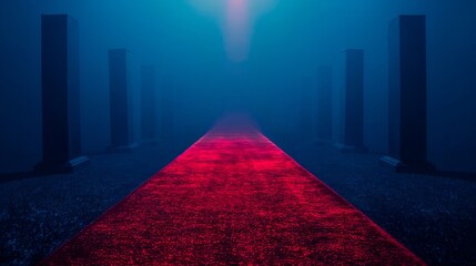 A red carpet leading into a dark room.