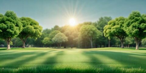 Obraz premium Sunny Lawn with Trees and Copy Space Blur: A bright, sunlit blurred background of a neatly trimmed lawn surrounded by lush green trees, with a large area of clear sky ideal for adding text or images. 