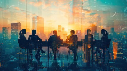 A team of business professionals working together around a table, their figures blended with a futuristic cityscape, the double exposure effect highlighting the collaborative effort and innovative