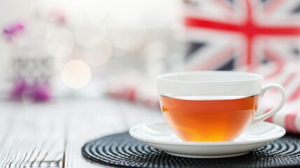 A cup of tea on a white saucer, with a blurred British flag in the background, creating a cozy and patriotic atmosphere.