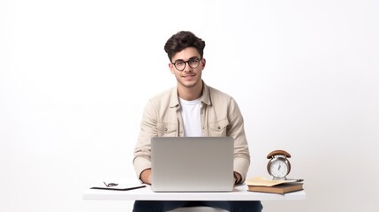 Closeup a confident businessman using laptop on white background
